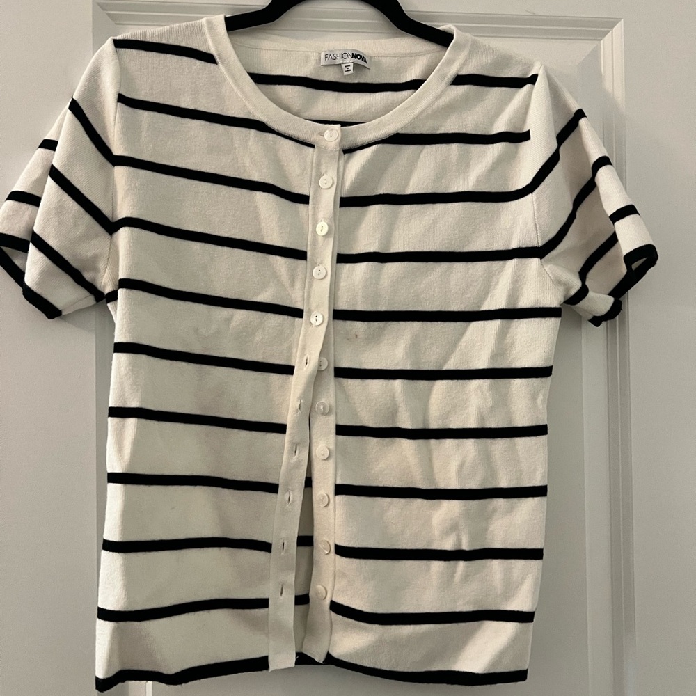 Fashion Nova White and Black Striped Short-Sleeve Top